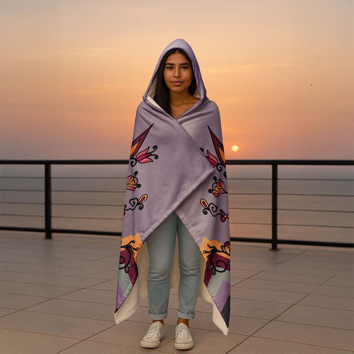 Crimson Drift Petals Hooded Blanket